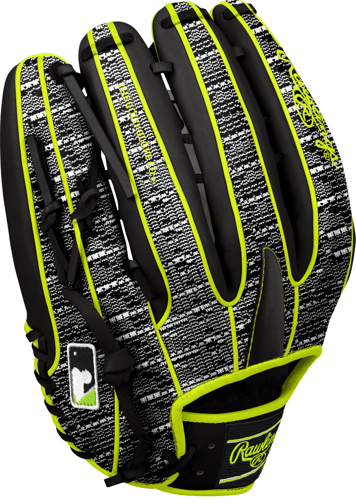 Rawlings Custom 12.75” H-Web Zebra Print Shell Neon Yellow Black Heart of the Hide Outfield Glove - CustomBallgloves.com