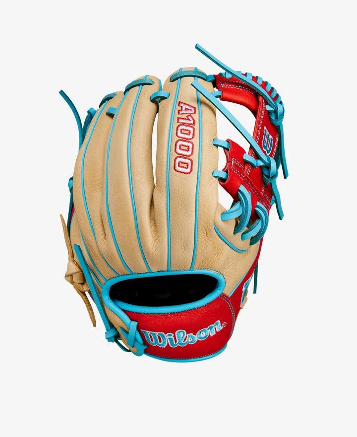 Wilson A1000 1786 11.5” Blonde Baby Blue Red Baseball Glove RHT - CustomBallgloves.com