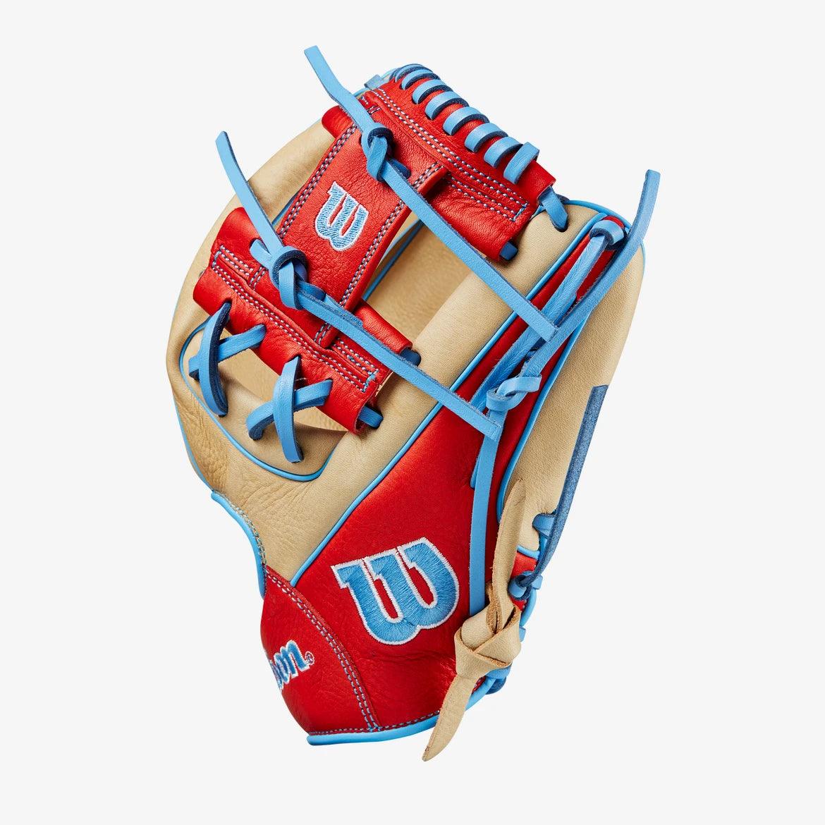 Wilson A1000 1786 11.5” Blonde Baby Blue Red Baseball Glove RHT - CustomBallgloves.com