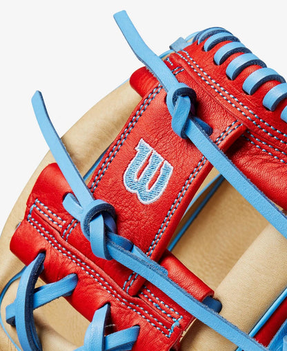 Wilson A1000 1786 11.5” Blonde Baby Blue Red Baseball Glove RHT - CustomBallgloves.com