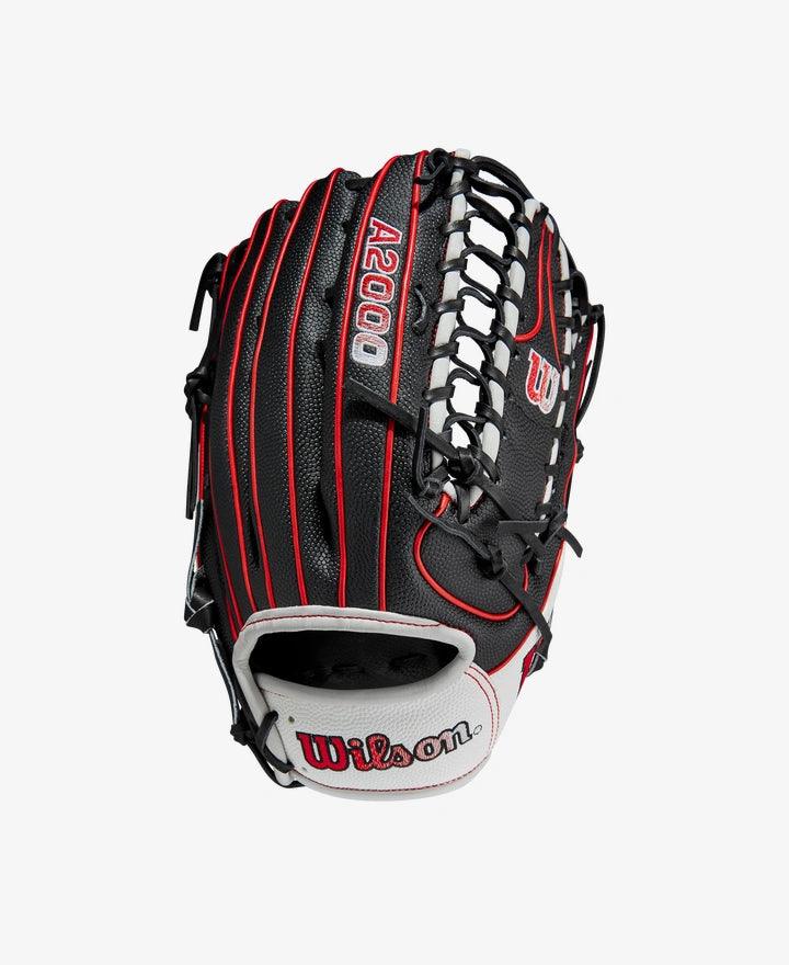 Wilson A2000 12.75” Trapeze Web Black Red White Outfield Glove - CustomBallgloves.com