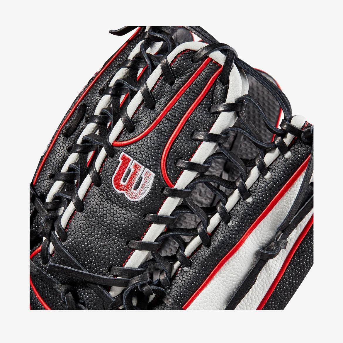 Wilson A2000 12.75” Trapeze Web Black Red White Outfield Glove - CustomBallgloves.com