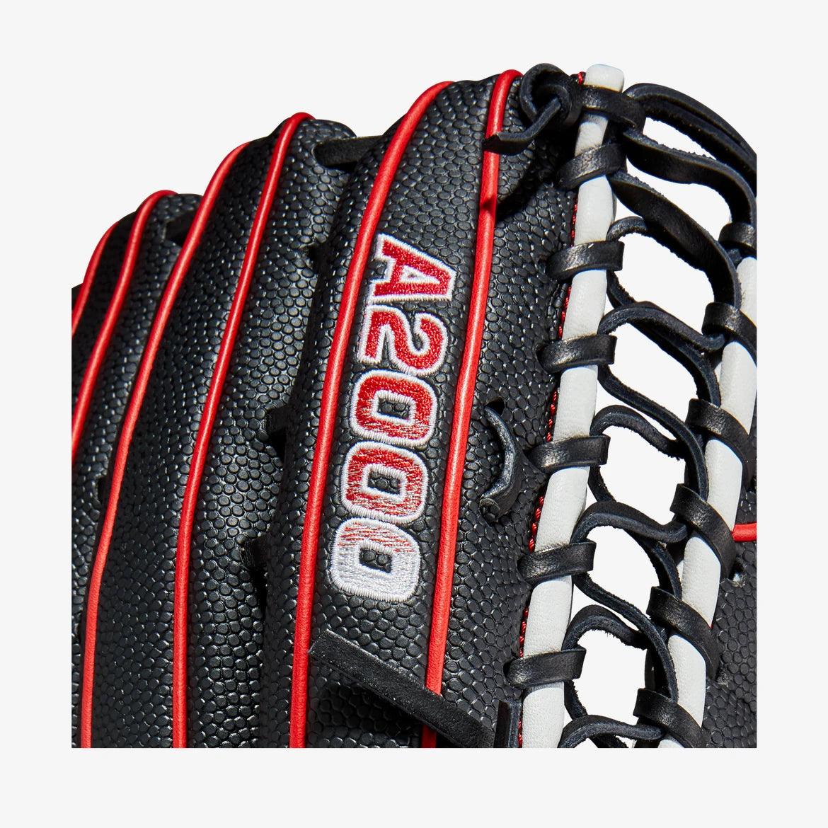 Wilson A2000 12.75” Trapeze Web Black Red White Outfield Glove - CustomBallgloves.com