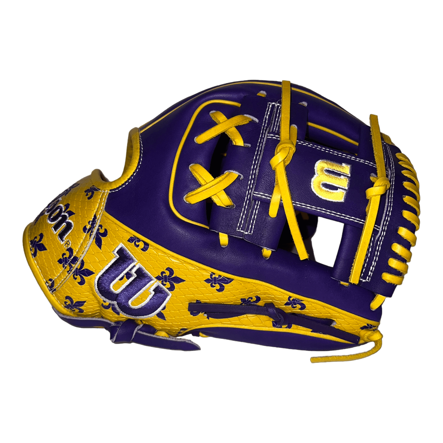 Wilson Exclusive A2000 Louisiana Fleur Dis Lis 11.5” Purple and Gold I-Web Infield Glove - CustomBallgloves.com