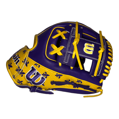 Wilson Exclusive A2000 Louisiana Fleur Dis Lis 11.5” Purple and Gold I-Web Infield Glove - CustomBallgloves.com