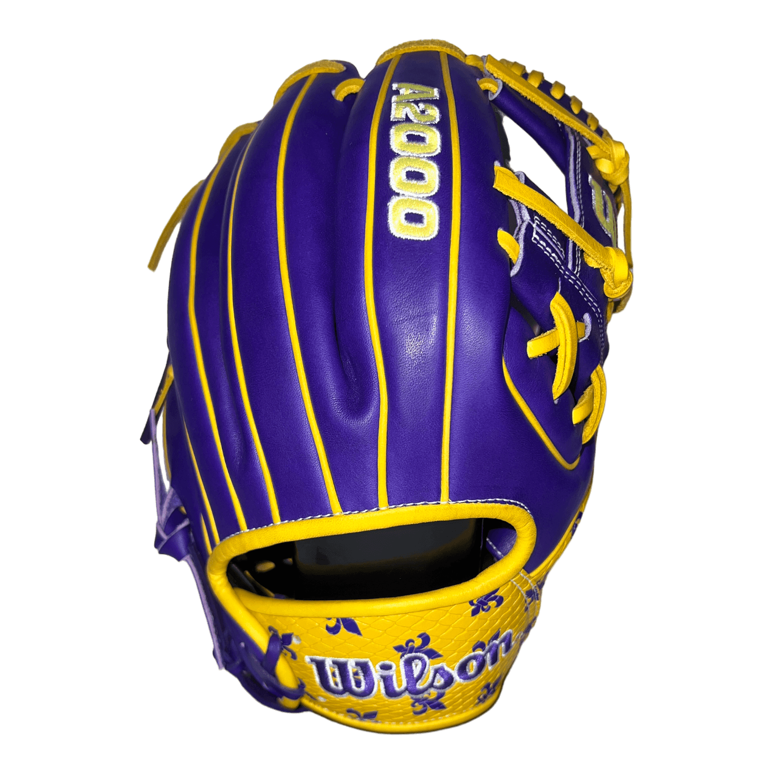 Wilson Exclusive A2000 Louisiana Fleur Dis Lis 11.5” Purple and Gold I-Web Infield Glove - CustomBallgloves.com