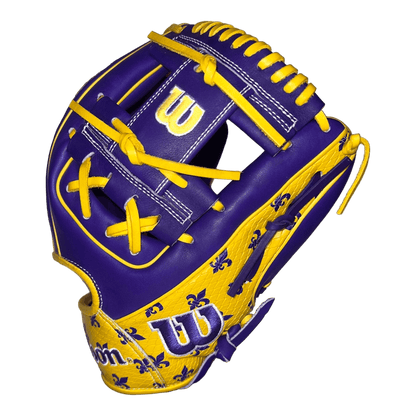 Wilson Exclusive A2000 Louisiana Fleur Dis Lis 11.5” Purple and Gold I-Web Infield Glove - CustomBallgloves.com