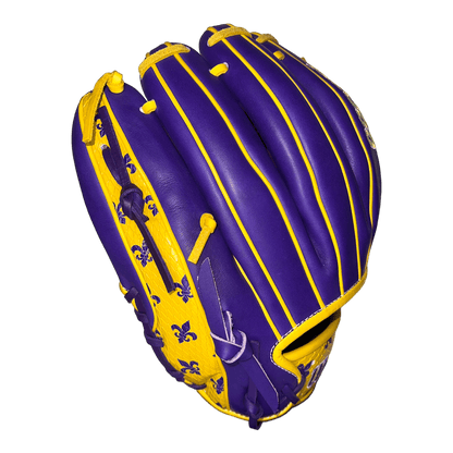 Wilson Exclusive A2000 Louisiana Fleur Dis Lis 11.5” Purple and Gold I-Web Infield Glove - CustomBallgloves.com